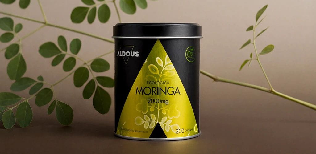 Boîte de moringa Aldous Bio avec feuilles de moringa pour illustrer ses propriétés et contre-indications