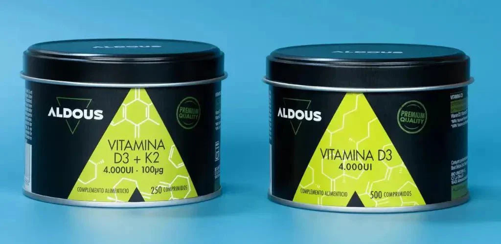 Boîtes de vitamine D3 pure et de vitamine D3 + K2 Aldous Bio pour illustrer leurs différences