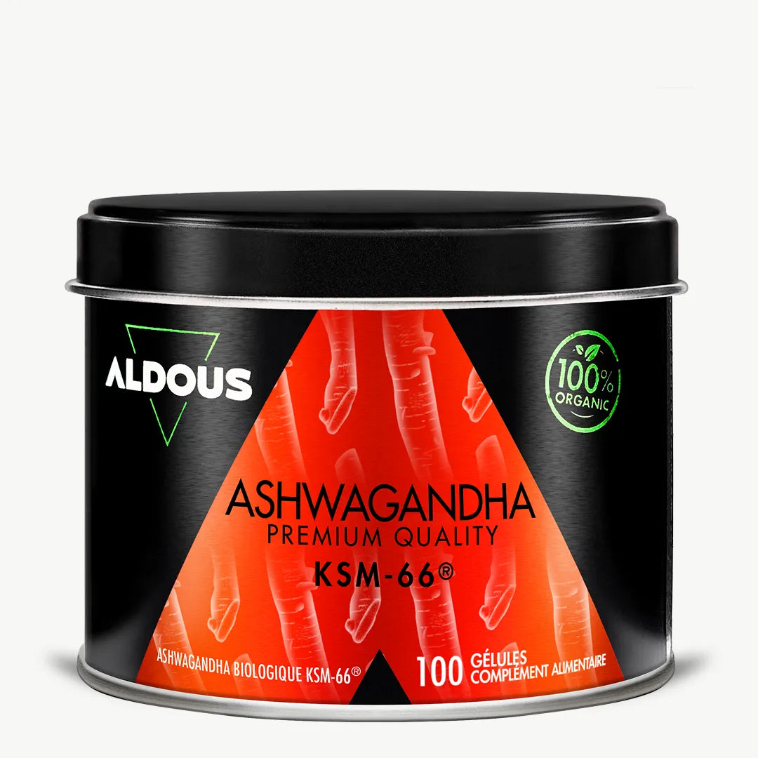 Boîte de Ashwagandha KSM-66 Bio Aldous en vue frontale