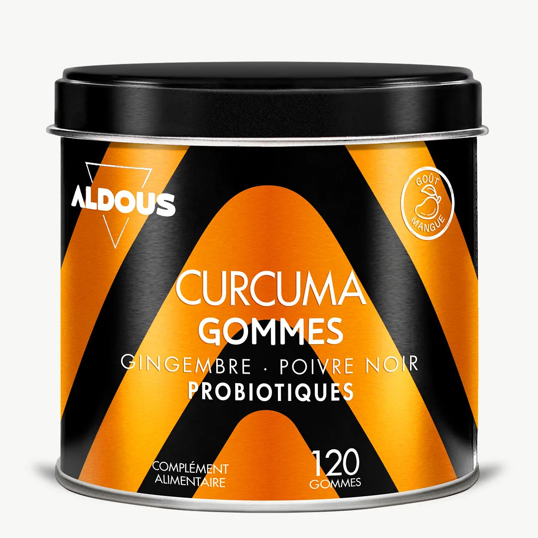 Boîte de Curcuma avec probiotiques en gummies Aldous en vue frontale