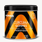 Boîte de Curcuma avec probiotiques en gummies Aldous en vue frontale