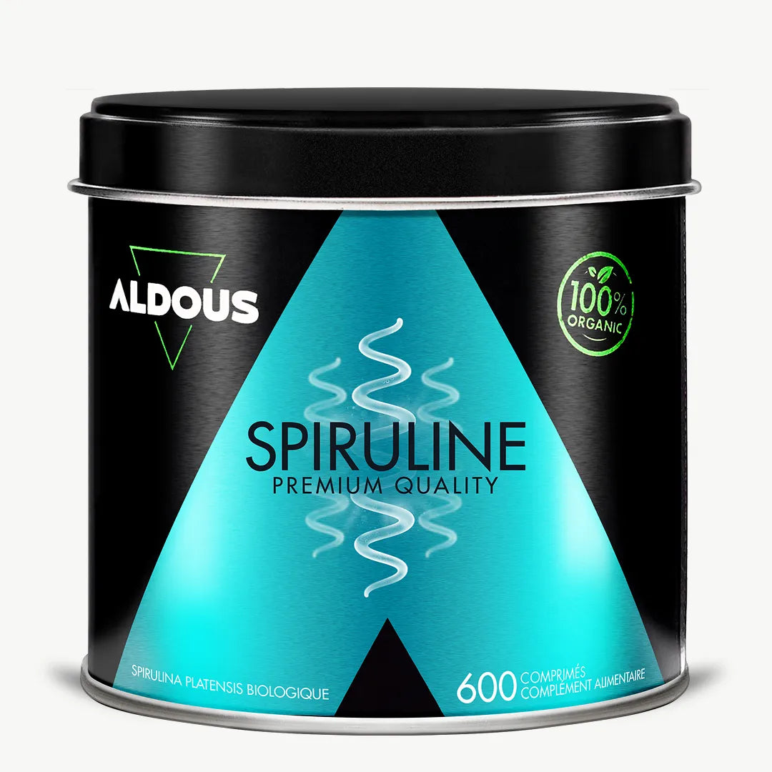 Boîte de Spiruline bio Aldous en vue frontale