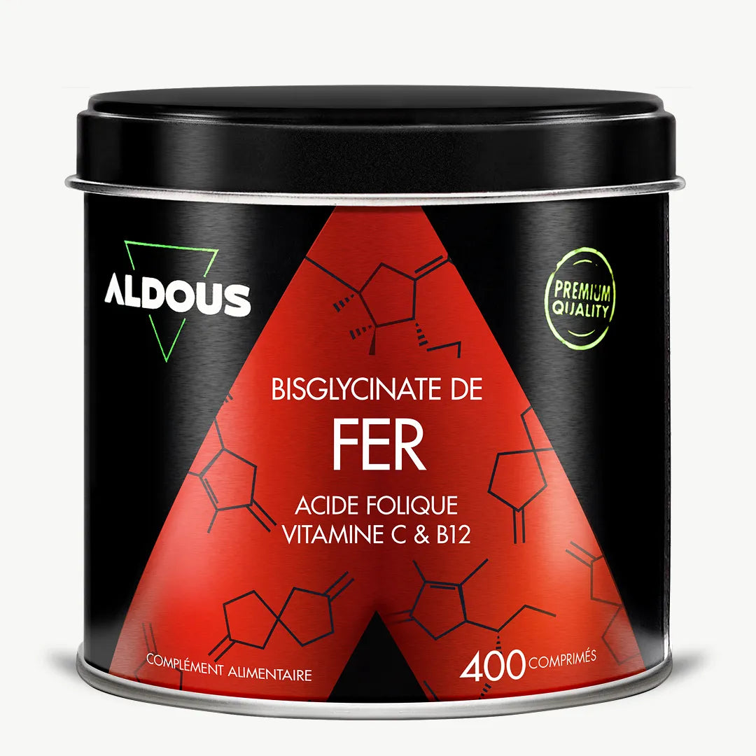 Boîte de Fer Bisglycinate Aldous en vue frontale