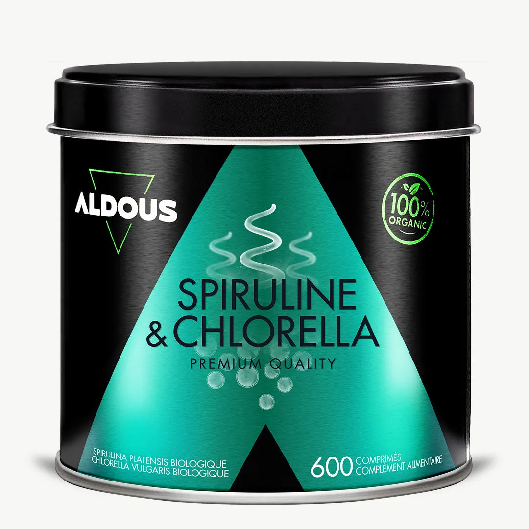 Boîte de Spiruline et chlorella bio Aldous en vue frontale