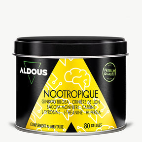 Boîte de Nootropique Ginkgo Biloba Aldous en vue frontale