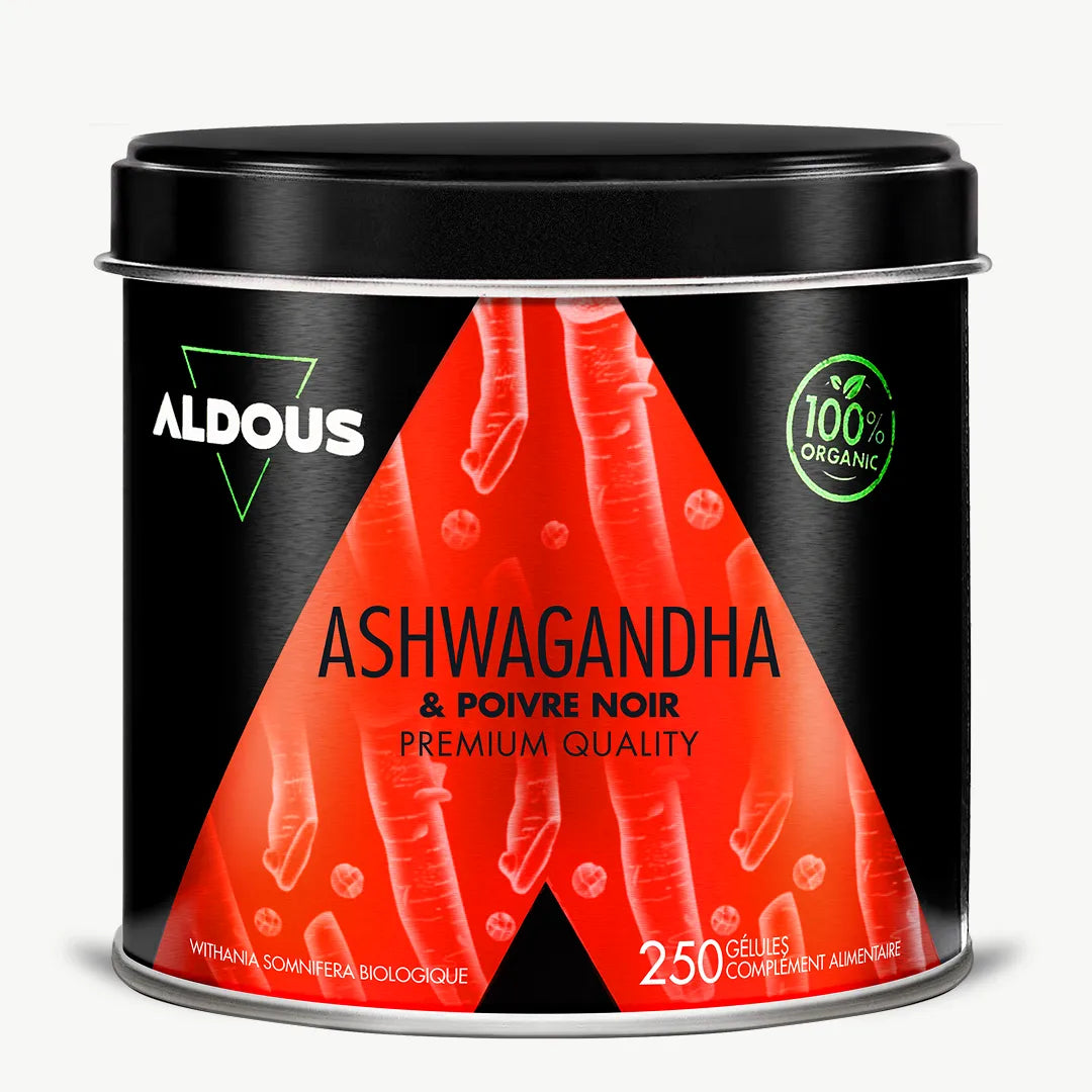 Boîte de Ashwagandha avec poivre noir bio Aldous en vue frontale