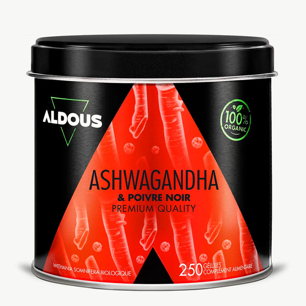 Boîte de Ashwagandha avec poivre noir bio Aldous en vue frontale