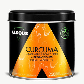 Boîte de Curcuma gingembre poivre noir Aldous en vue frontale