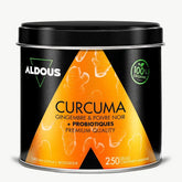 Boîte de Curcuma gingembre poivre noir Aldous en vue frontale
