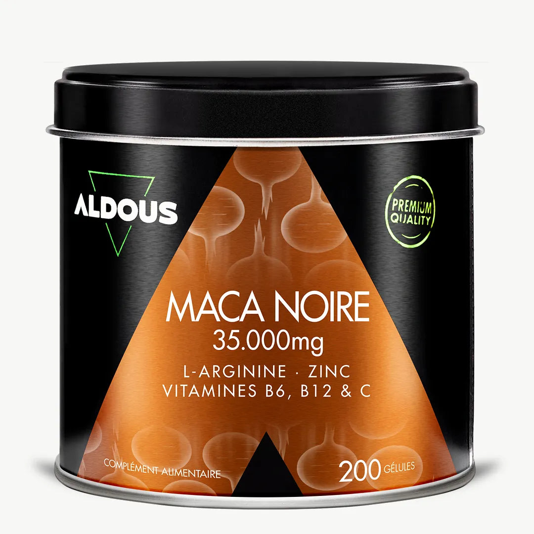 Boîte de Maca noire avec L-Arginine Aldous en vue frontale