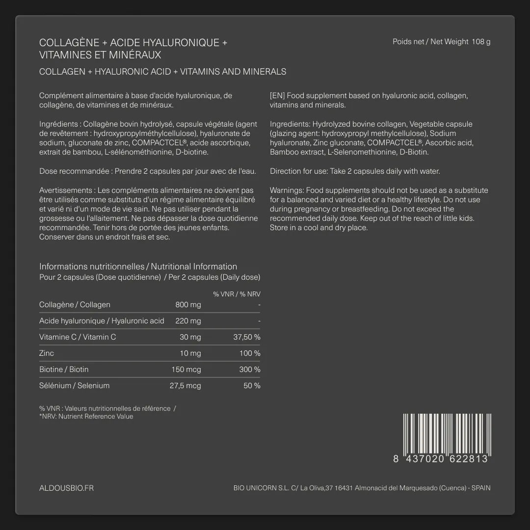 Étiquette arrière de Acide hyaluronique et collagène Aldous avec informations du complément