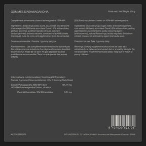 Étiquette arrière de Ashwagandha en gummies Aldous avec informations du complément