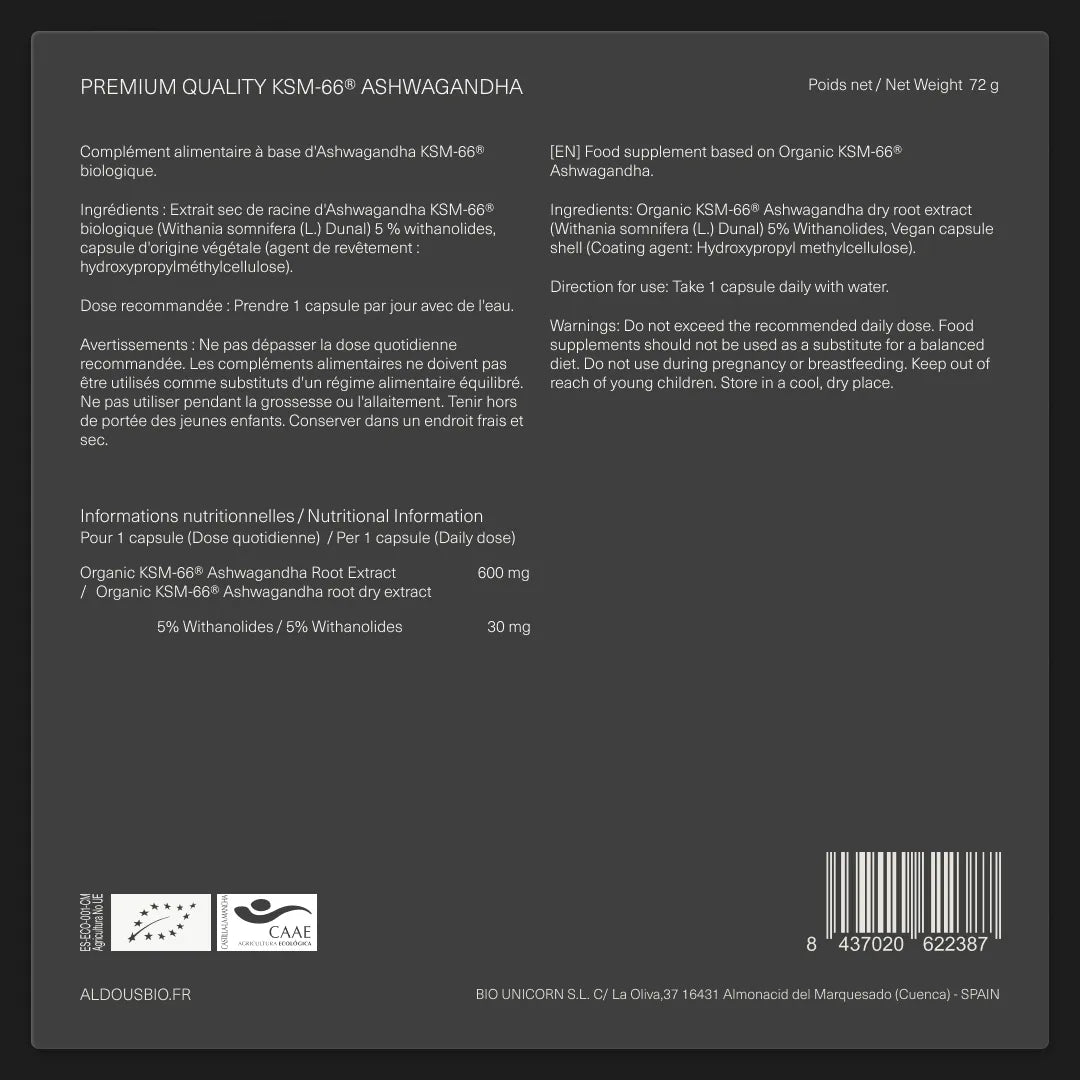 Étiquette arrière de Ashwagandha KSM-66 Bio Aldous avec informations du complément