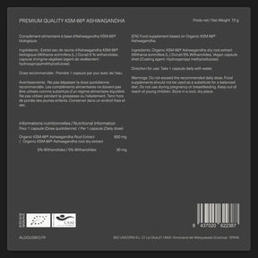 Étiquette arrière de Ashwagandha KSM-66 Bio Aldous avec informations du complément