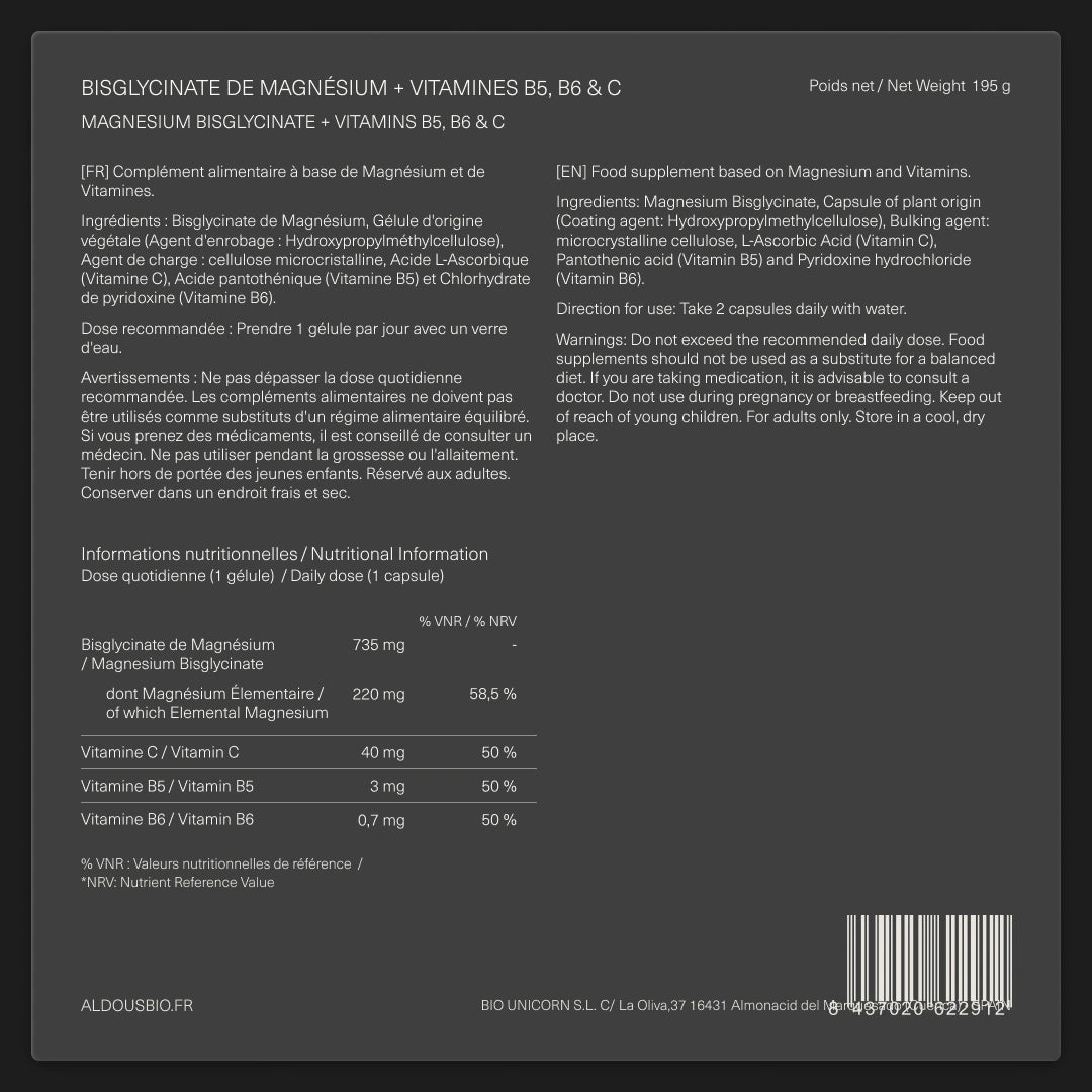Bisglycinate de Magnésium avec Vitamine B5, B6 et C