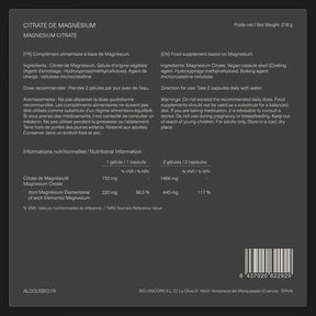 Étiquette arrière de Citrate de magnésium pur Aldous avec informations du complément