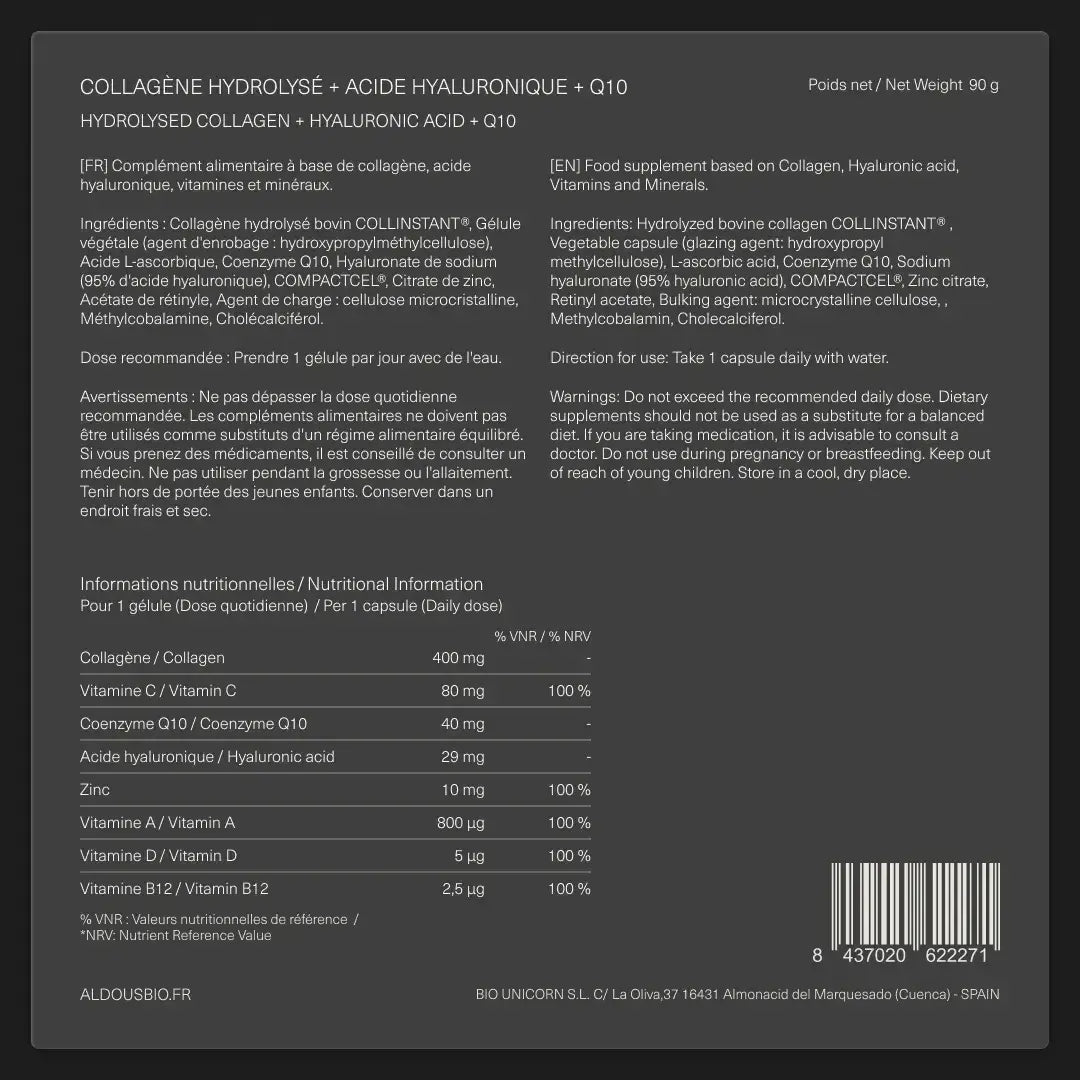 Étiquette arrière de Collagène acide hyaluronique Q10 Aldous avec informations du complément