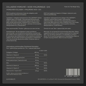 Étiquette arrière de Collagène acide hyaluronique Q10 Aldous avec informations du complément