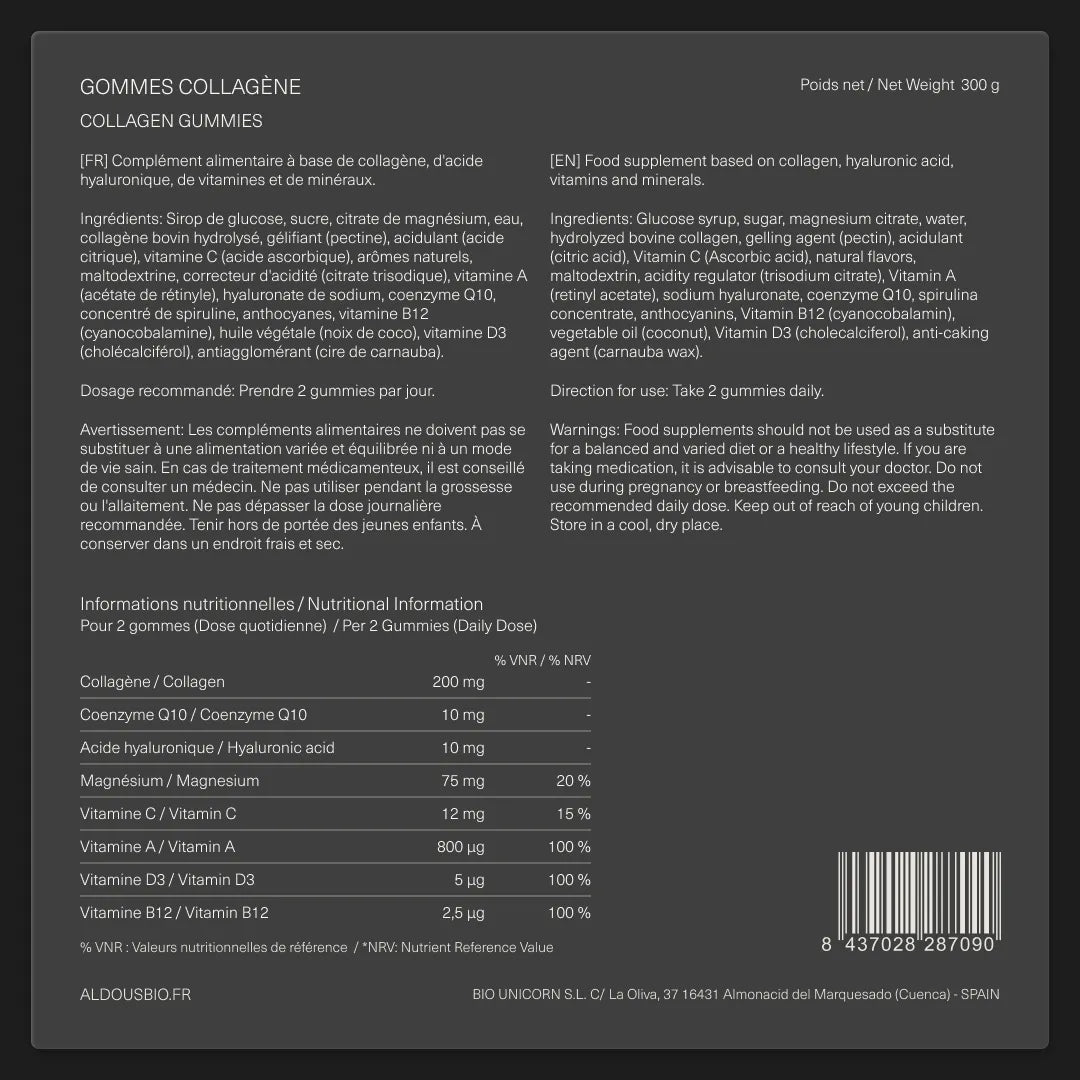 Étiquette arrière de Collagène hydrolysé en gummies Aldous avec informations du complément