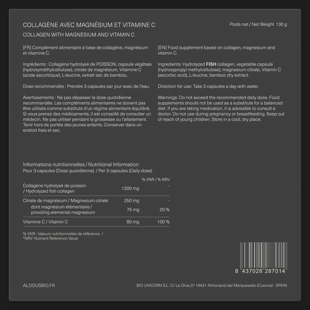 Étiquette arrière de Collagène marin hydrolysé Aldous avec informations du complément