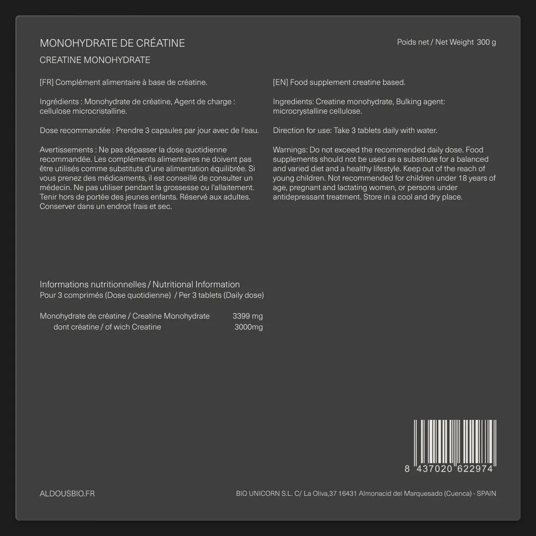Étiquette arrière de Créatine monohydrate Aldous avec informations du complément