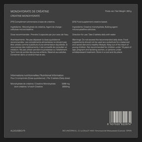 Étiquette arrière de Créatine monohydrate Aldous avec informations du complément