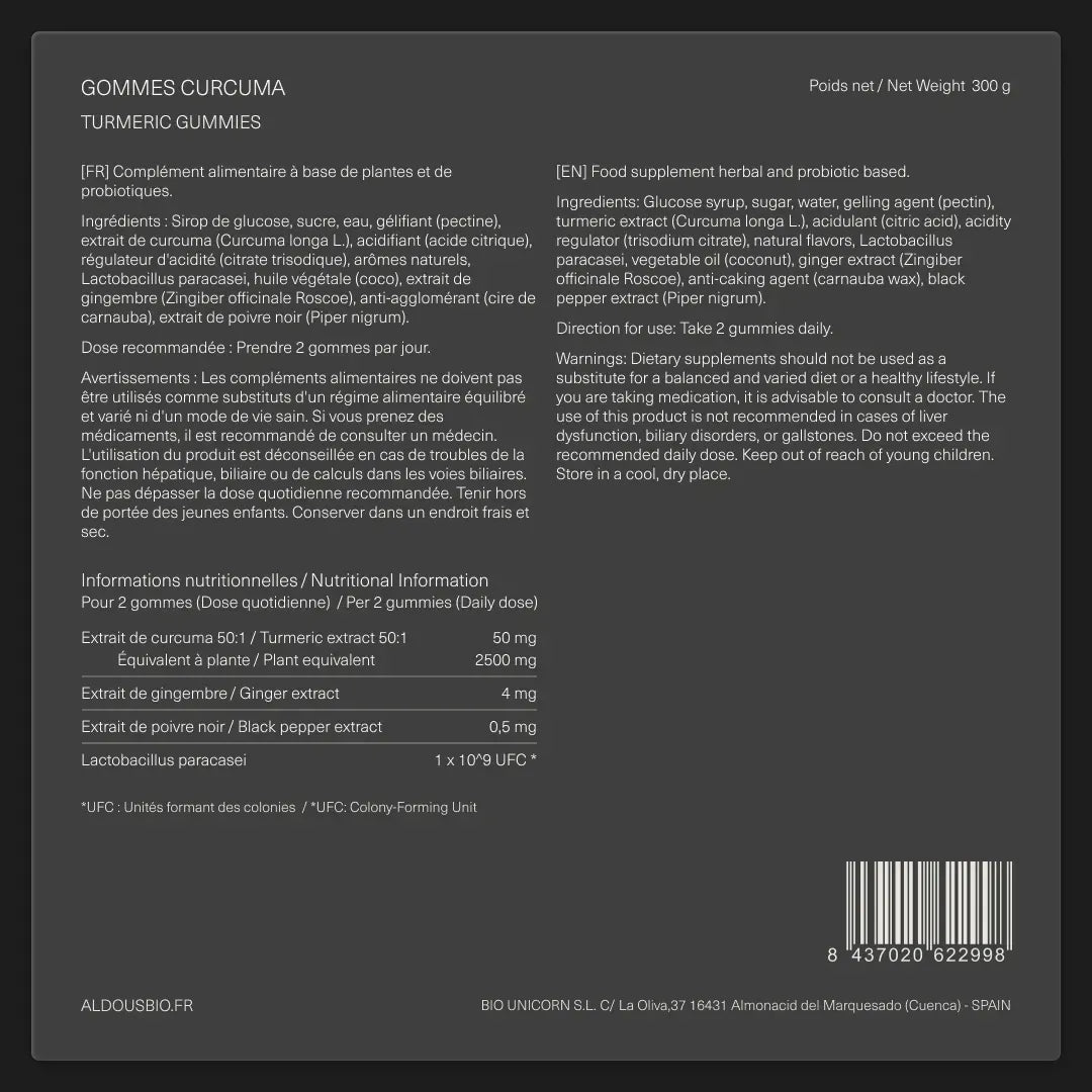 Étiquette arrière de Curcuma avec probiotiques en gummies Aldous avec informations du complément