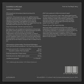 Étiquette arrière de Curcuma avec probiotiques en gummies Aldous avec informations du complément