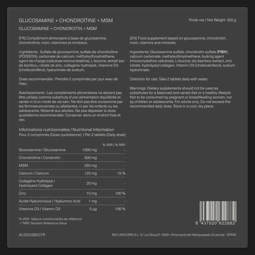 Étiquette arrière de Glucosamine Chondroïtine MSM Aldous avec informations du complément