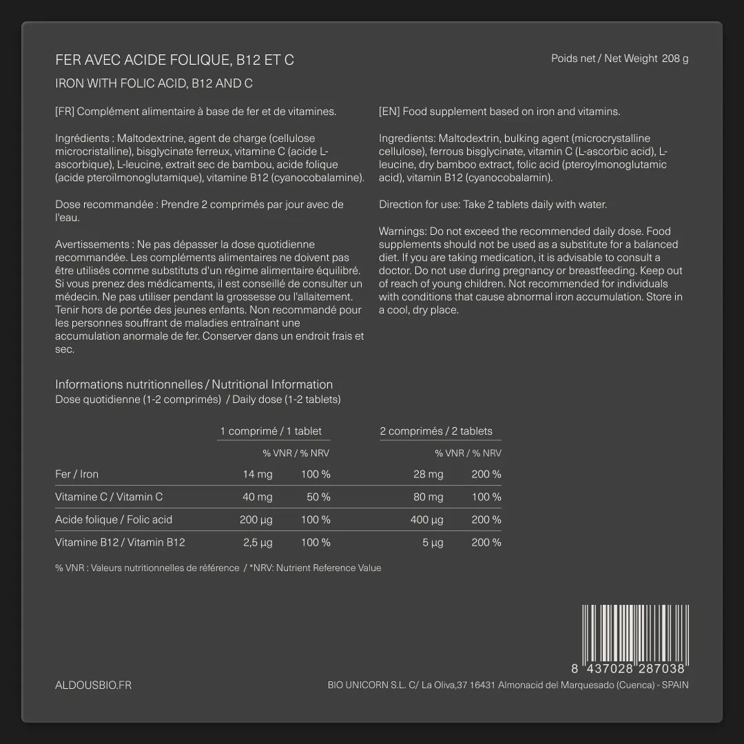 Étiquette arrière de Fer Bisglycinate Aldous avec informations du complément