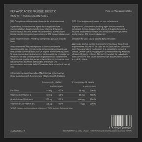 Étiquette arrière de Fer Bisglycinate Aldous avec informations du complément