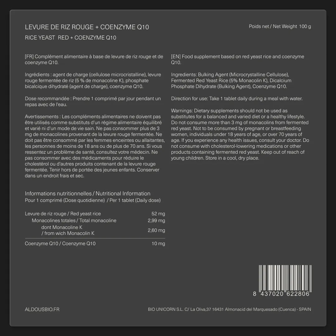 Étiquette arrière de Levure de riz rouge Q10 Aldous avec informations du complément