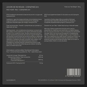 Étiquette arrière de Levure de riz rouge Q10 Aldous avec informations du complément