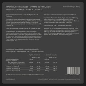 Étiquette arrière de Citrate de magnésium Aldous avec informations du complément