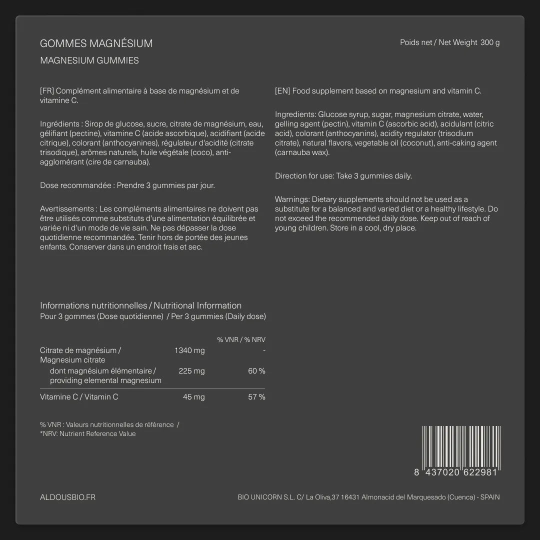Étiquette arrière de Magnésium en gummies Aldous avec informations du complément