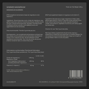 Étiquette arrière de Magnésium en gummies Aldous avec informations du complément