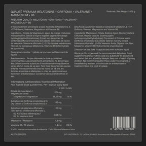 Étiquette arrière de Mélatonine magnésium valériane Aldous avec informations du complément