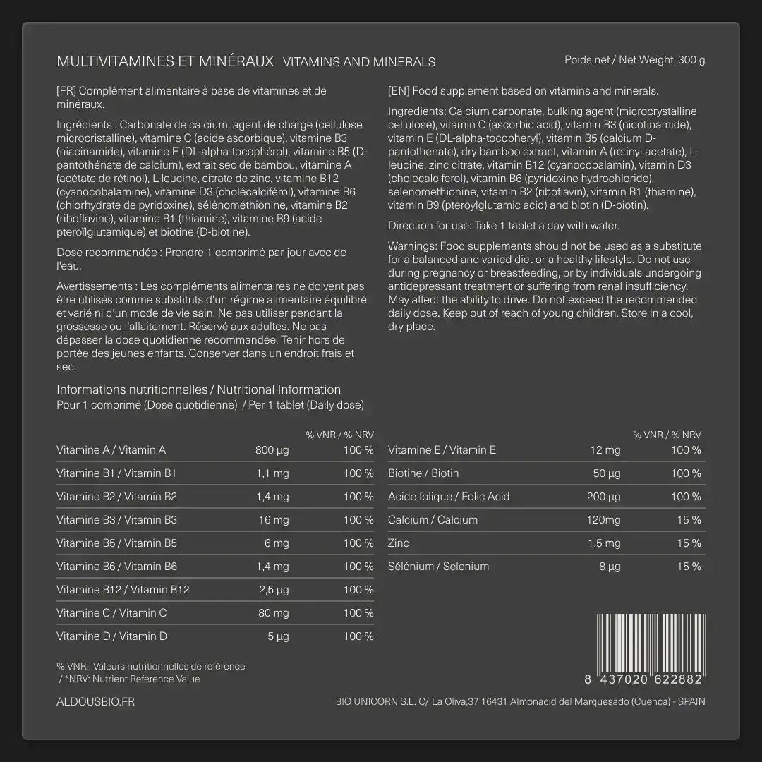 Étiquette arrière de Multivitamines Aldous avec informations du complément