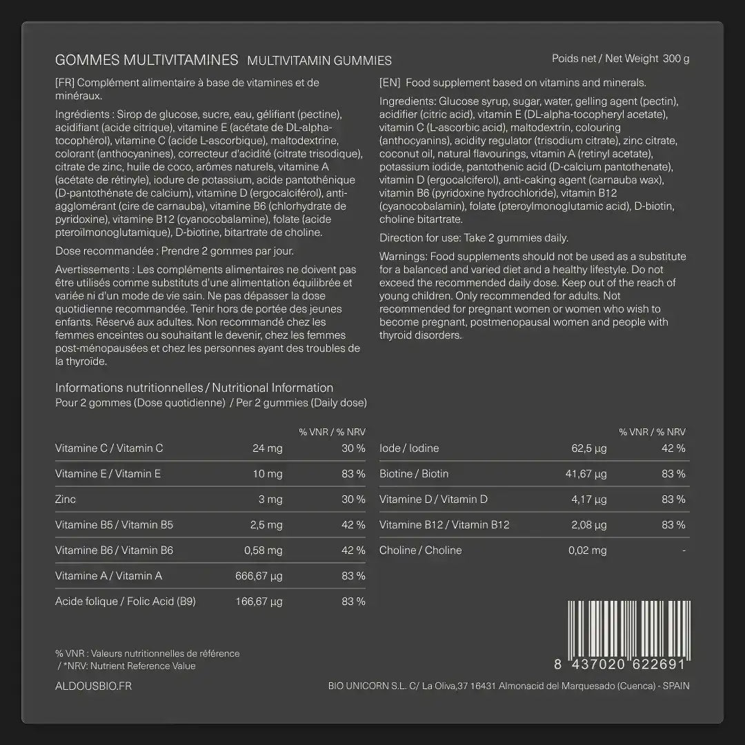 Étiquette arrière de Multivitamines en gummies Aldous avec informations du complément