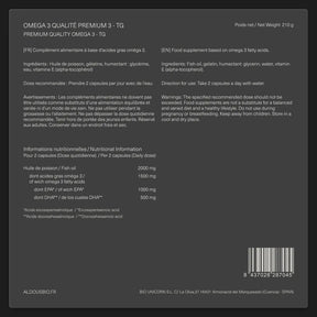 Étiquette arrière de Oméga 3 Premium Aldous avec informations du complément