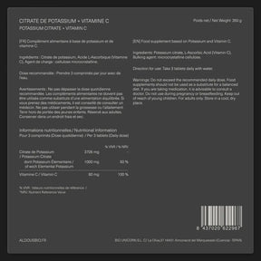 Étiquette arrière de Potassium avec vitamine C Aldous avec informations du complément