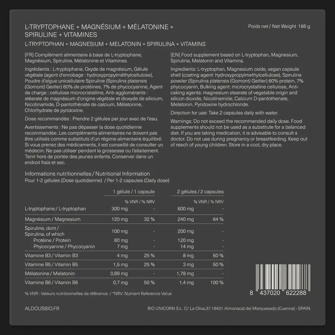 Étiquette arrière de Tryptophane mélatonine magnésium Aldous avec informations du complément