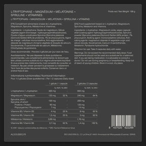 Étiquette arrière de Tryptophane mélatonine magnésium Aldous avec informations du complément