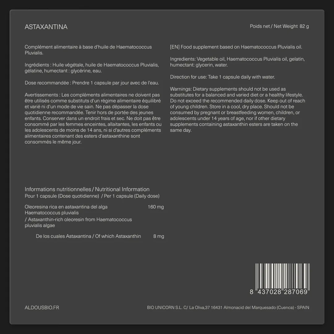 Étiquette arrière de Astaxanthine Aldous avec informations du complément