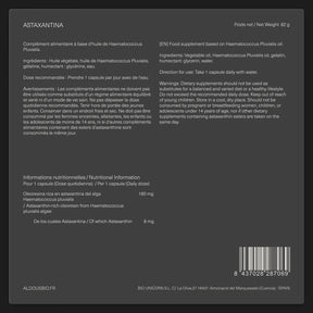 Étiquette arrière de Astaxanthine Aldous avec informations du complément