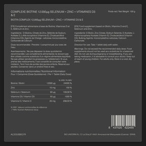 Étiquette arrière de Biotine avec zinc et sélénium Aldous avec informations du complément
