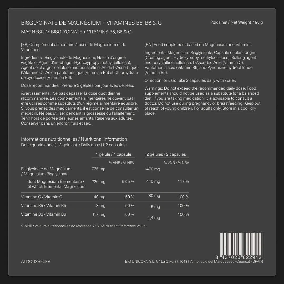 Étiquette arrière de Bisglycinate de magnésium Aldous avec informations du complément