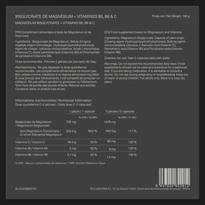 Étiquette arrière de Bisglycinate de magnésium Aldous avec informations du complément