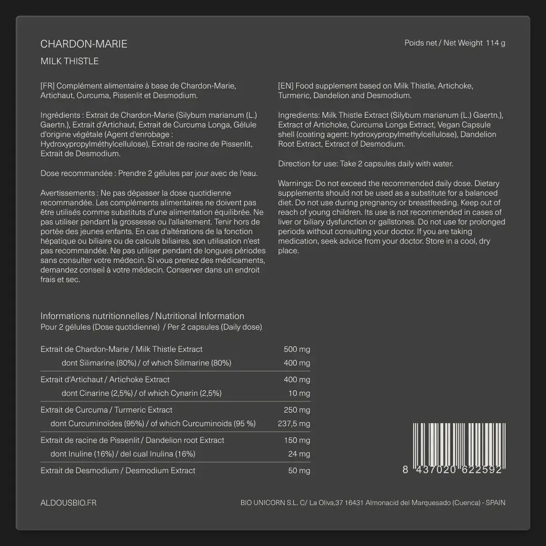 Étiquette arrière de Chardon-Marie complexe Aldous avec informations du complément