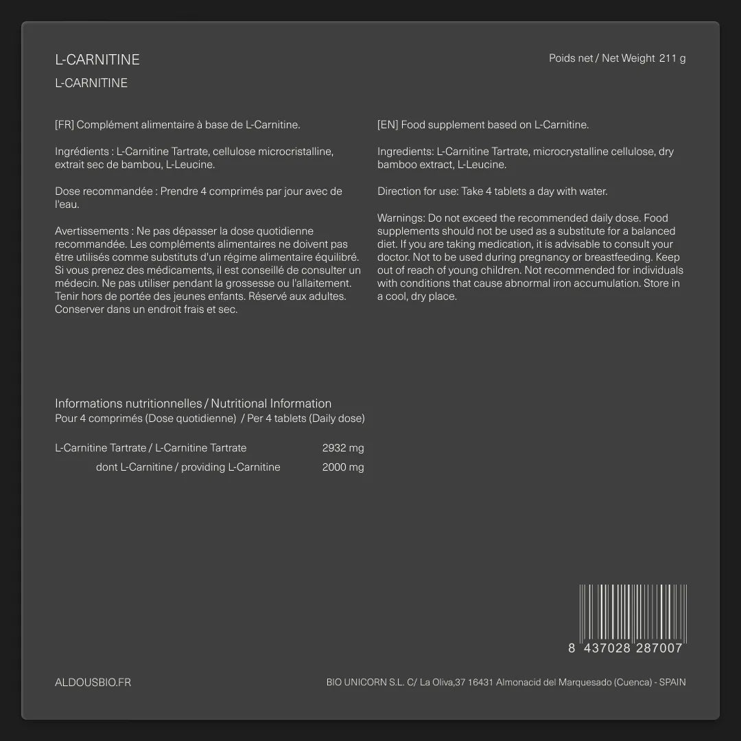 Étiquette arrière de L-Carnitine Aldous avec informations du complément